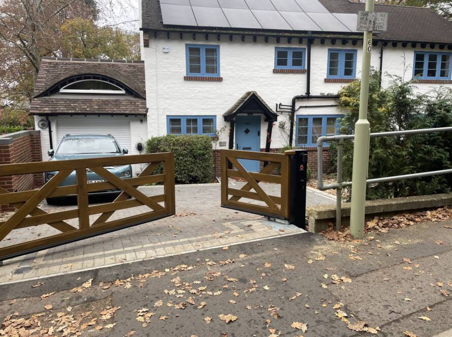 One of the automatic wooden gates in Hampshire fabricated and installed by our gate automation company | electric timber gates Hampshire